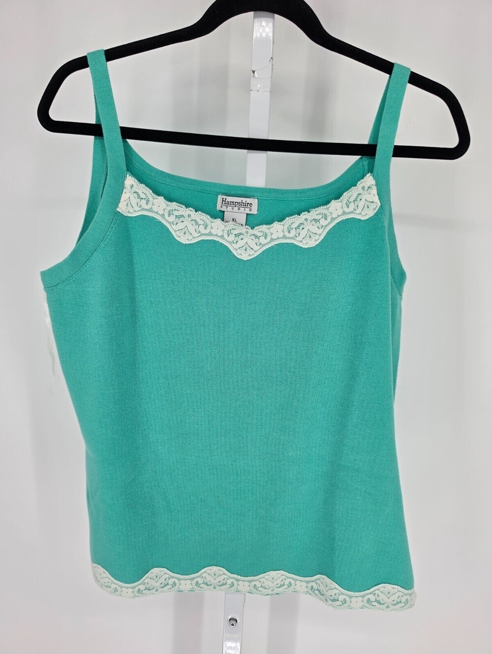 Y2K Hampshire Studio Womens Sz XL Ribbed Tank Camisole Shirt Teal Lace Trim